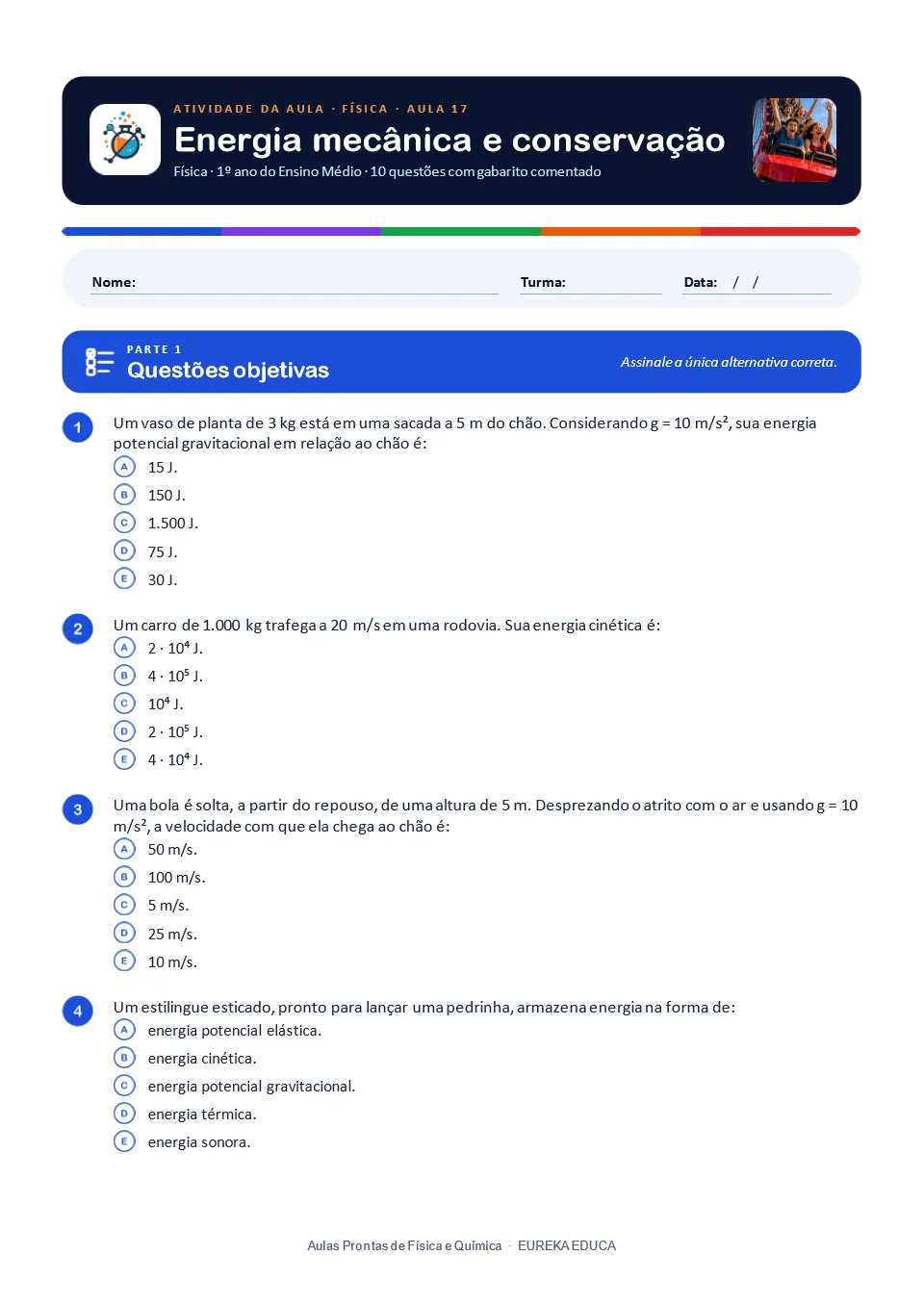 Atividade de Física · Aula 17: Energia mecânica e conservação