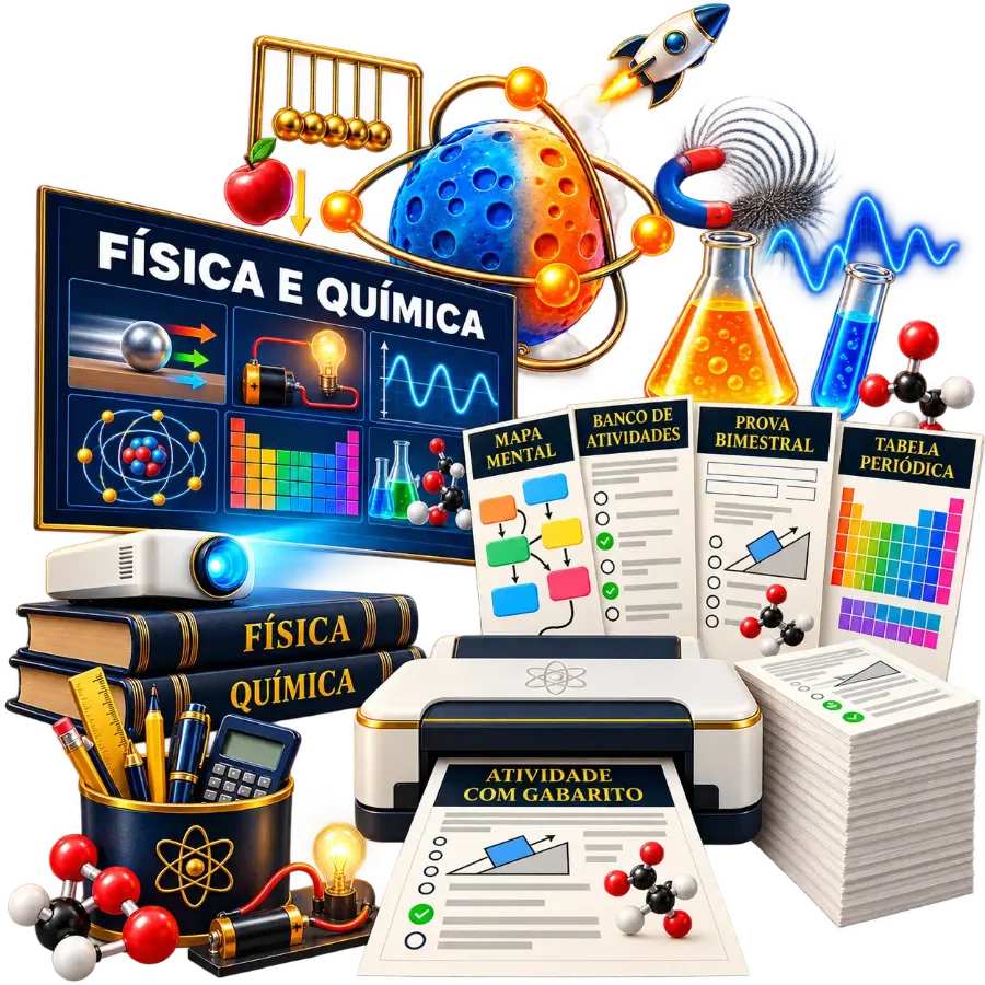 Kit de aulas prontas de Física e Química: slide projetado, mapas mentais, banco de atividades, provas e atividade com gabarito saindo da impressora