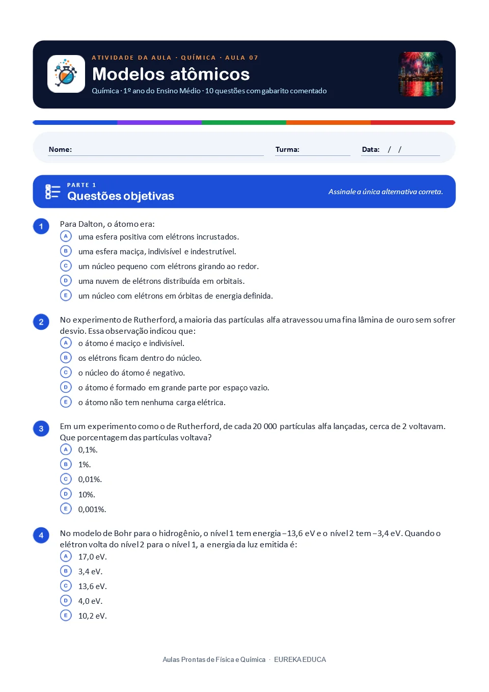 Atividade de Química · Aula 07: Modelos atômicos