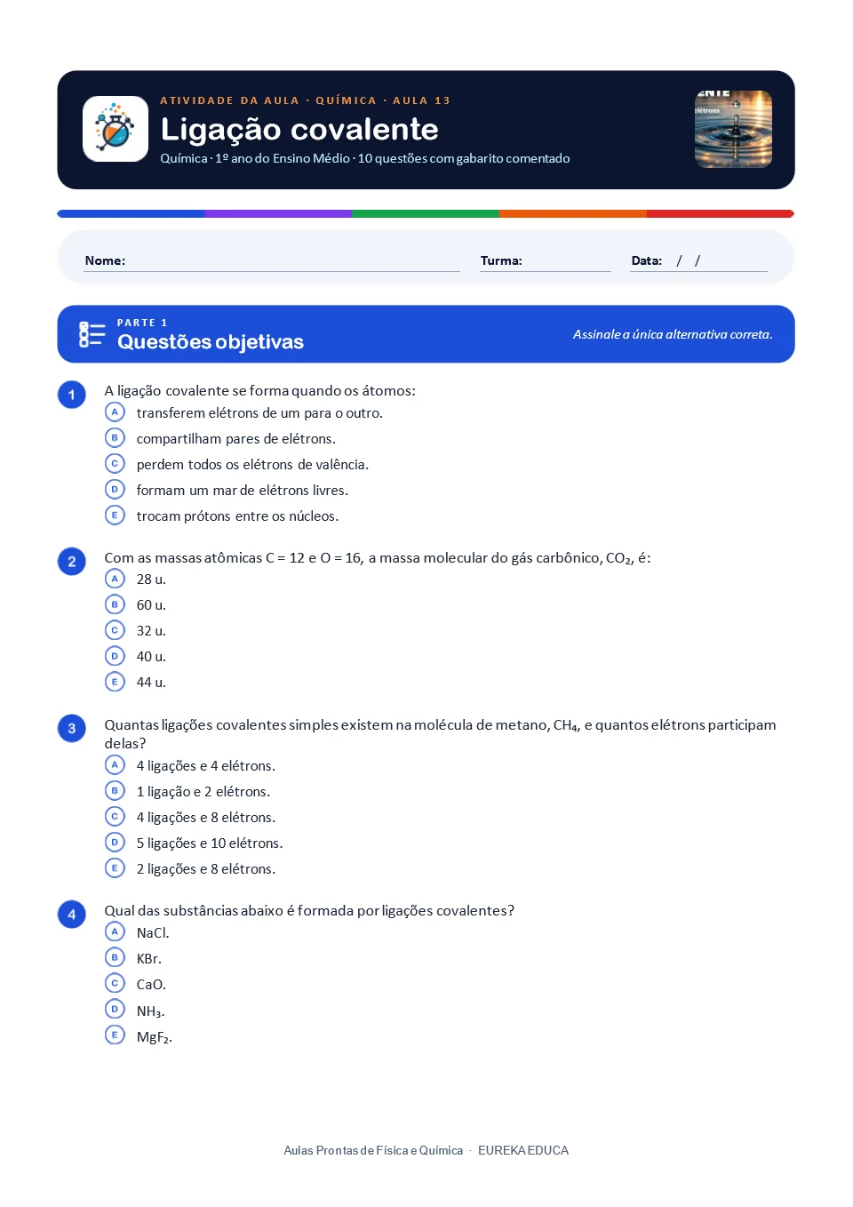 Atividade de Química · Aula 13: Ligação covalente
