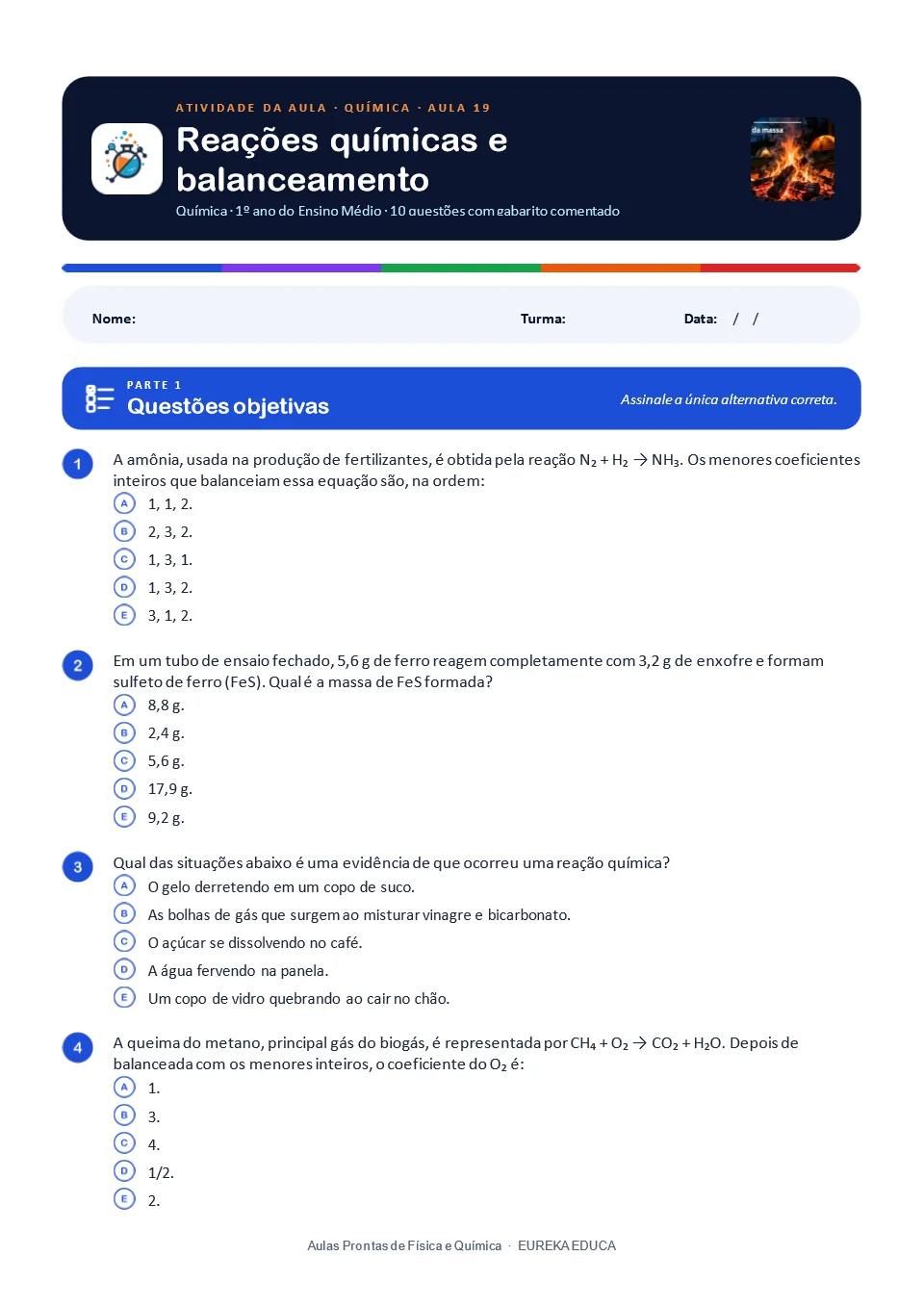 Atividade de Química · Aula 19: Reações químicas e balanceamento
