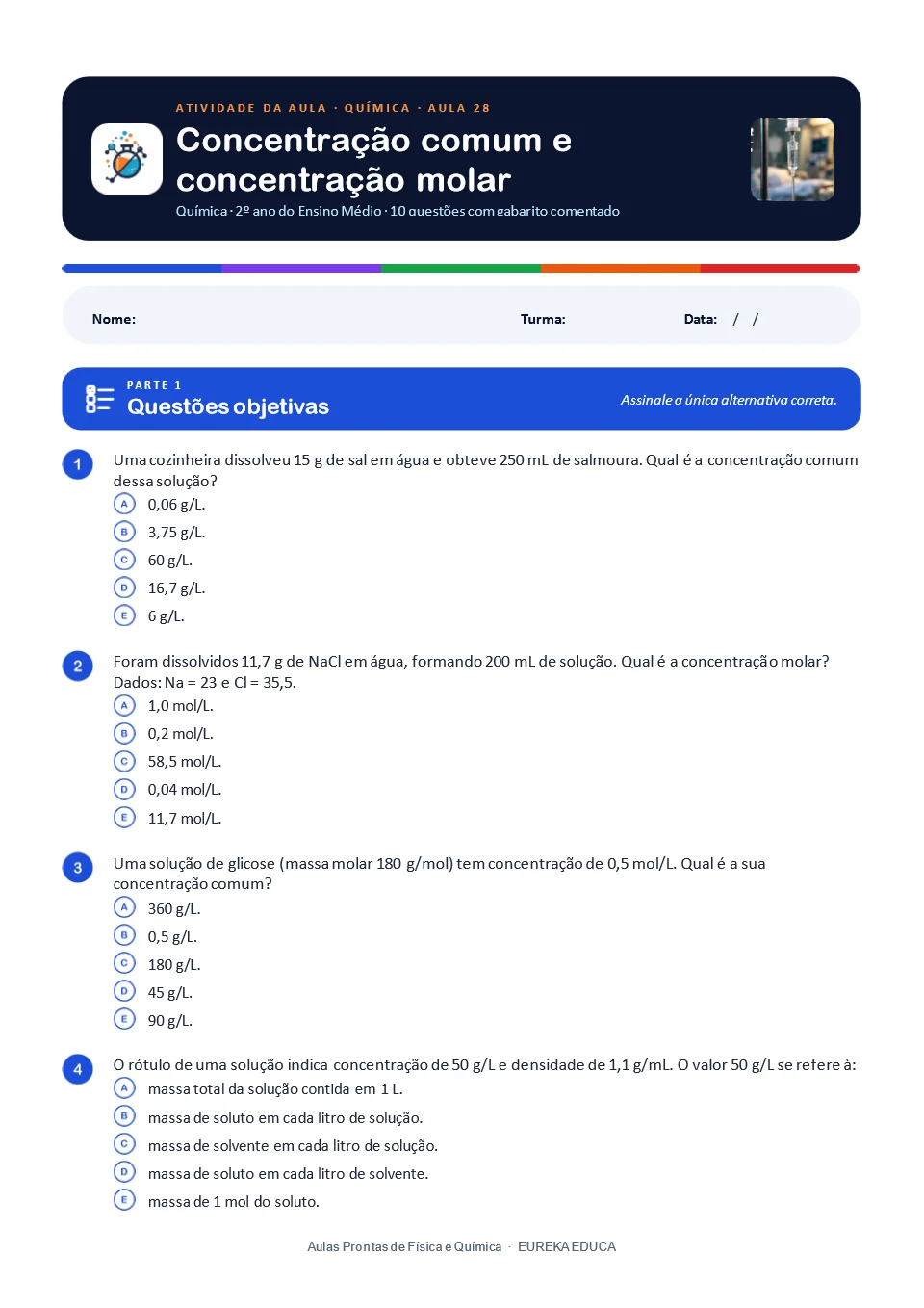 Atividade de Química · Aula 28: Concentração comum e concentração molar